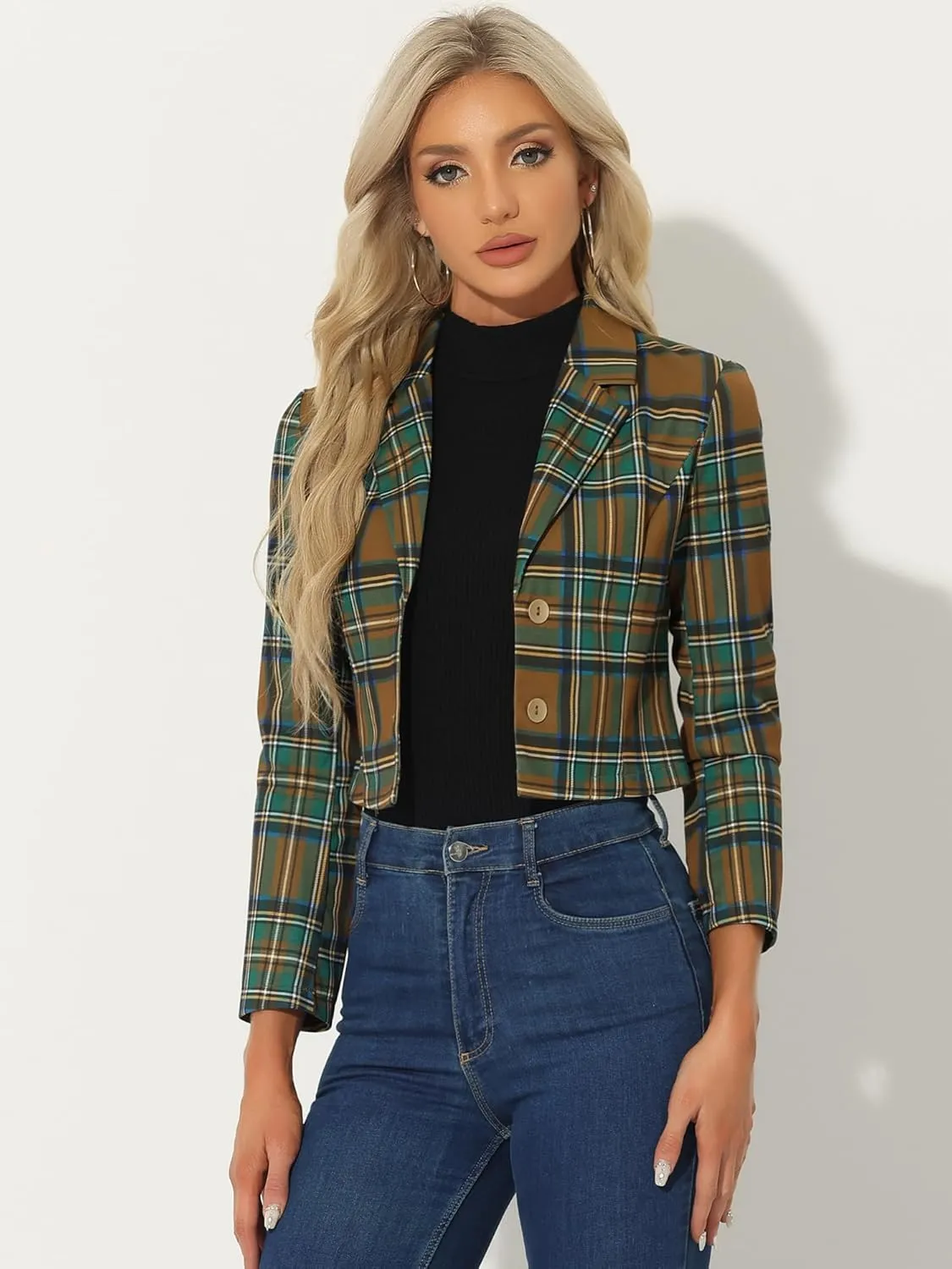 Allegra K Women's Notched Lapel Stretch Plaid Preppy Tartan Crop Blazer