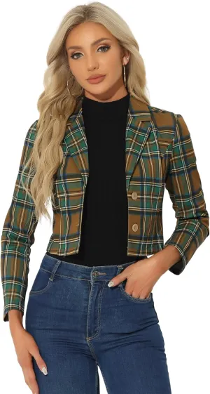 Allegra K Women's Notched Lapel Stretch Plaid Preppy Tartan Crop Blazer
