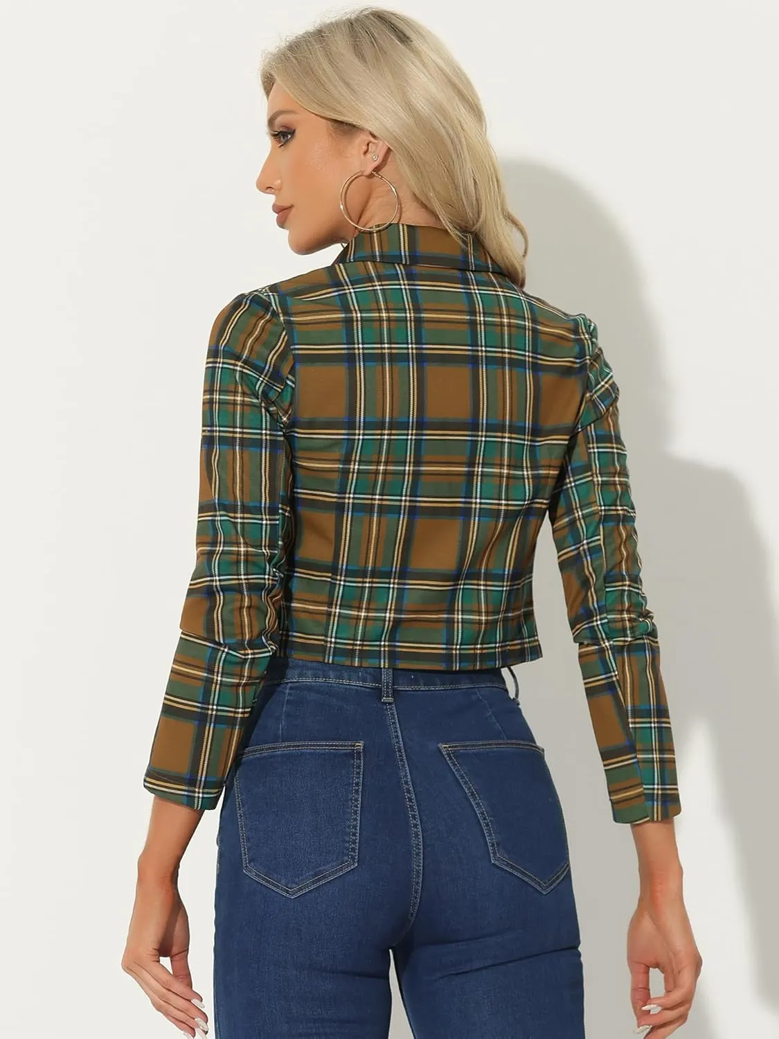Allegra K Women's Notched Lapel Stretch Plaid Preppy Tartan Crop Blazer