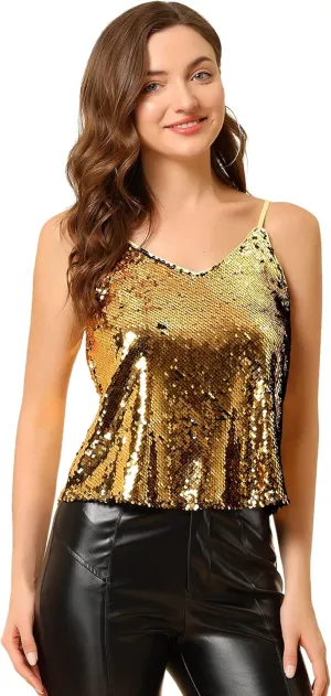 Allegra K Women's Sequined Shining Camisole Club Party Glitter Disco Sparkle Cami Top
