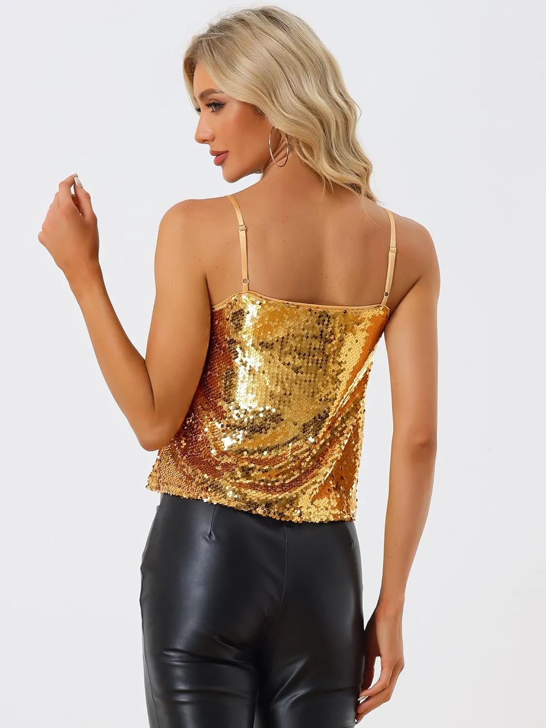 Allegra K Women's Sequined Shining Camisole Club Party Glitter Disco Sparkle Cami Top