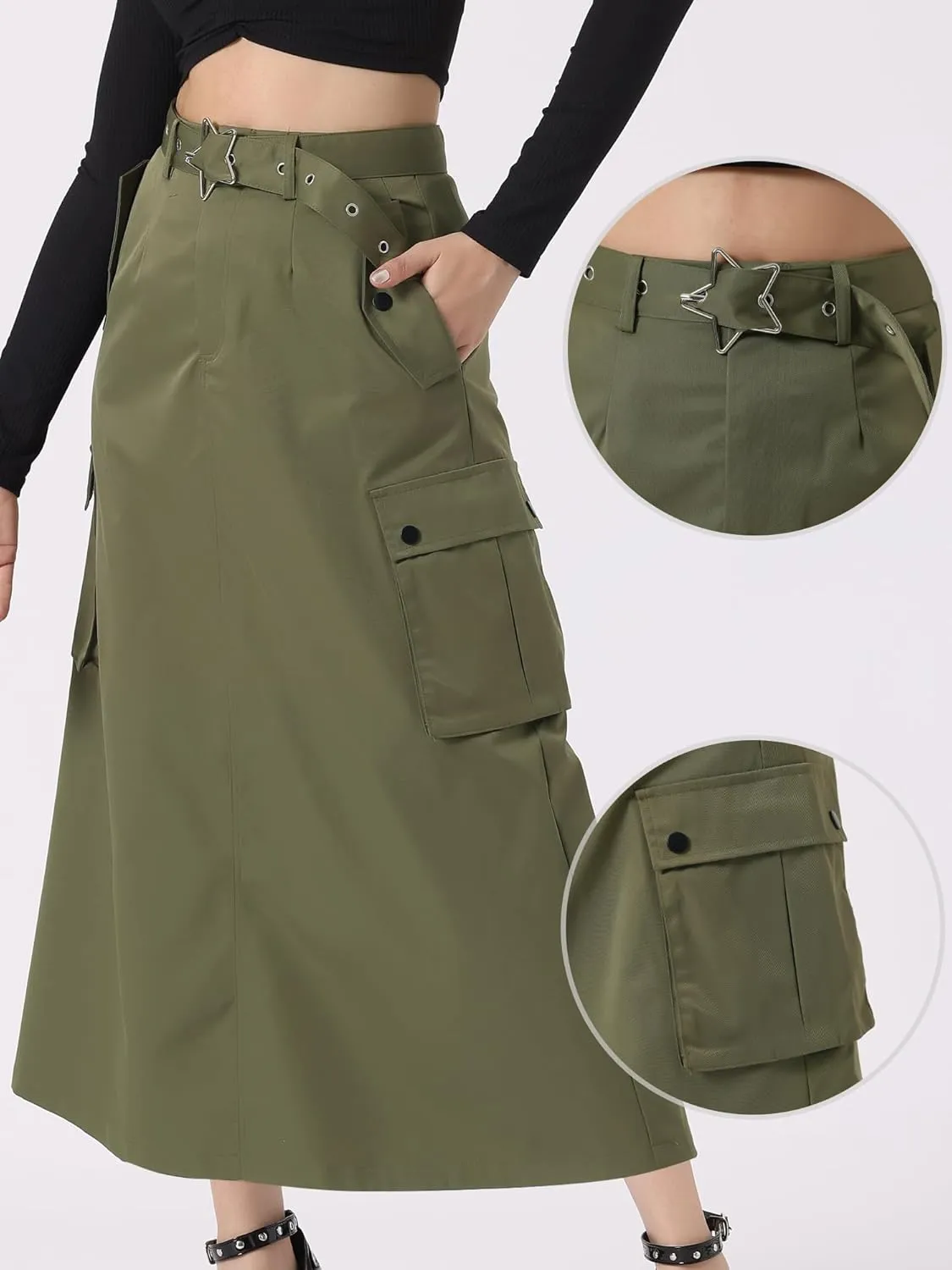 Allegra K Y2K Cargo Long Skirts for Women's Trendy Belt High Waisted Vintage Streetwear Skirt with Pockets