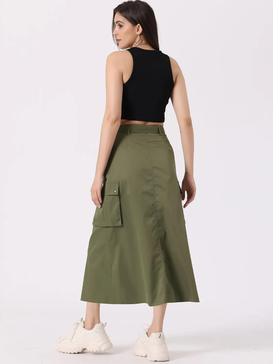 Allegra K Y2K Cargo Long Skirts for Women's Trendy Belt High Waisted Vintage Streetwear Skirt with Pockets