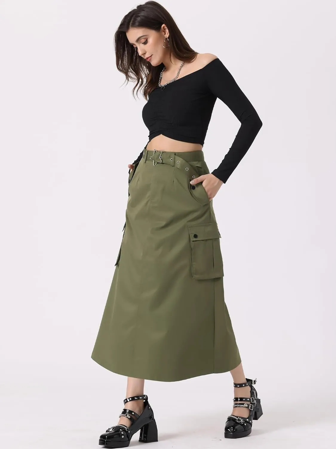 Allegra K Y2K Cargo Long Skirts for Women's Trendy Belt High Waisted Vintage Streetwear Skirt with Pockets
