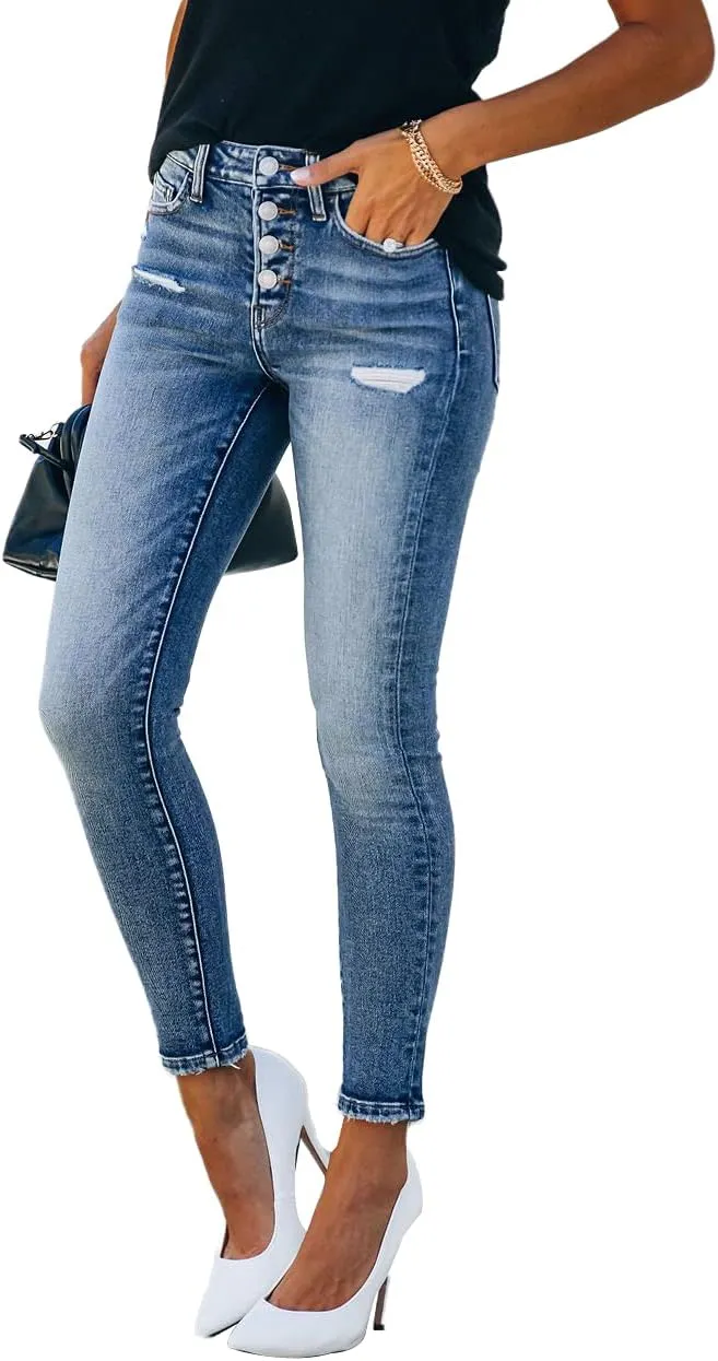 Allimy Women's High Rise Skinny Stretch Button Ripped Jeans High Waisted Destroyed Denim Pants
