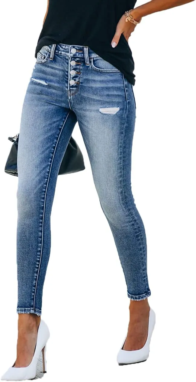 Allimy Women's High Rise Skinny Stretch Button Ripped Jeans High Waisted Destroyed Denim Pants