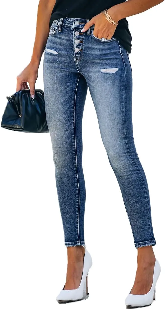 Allimy Women's High Rise Skinny Stretch Button Ripped Jeans High Waisted Destroyed Denim Pants