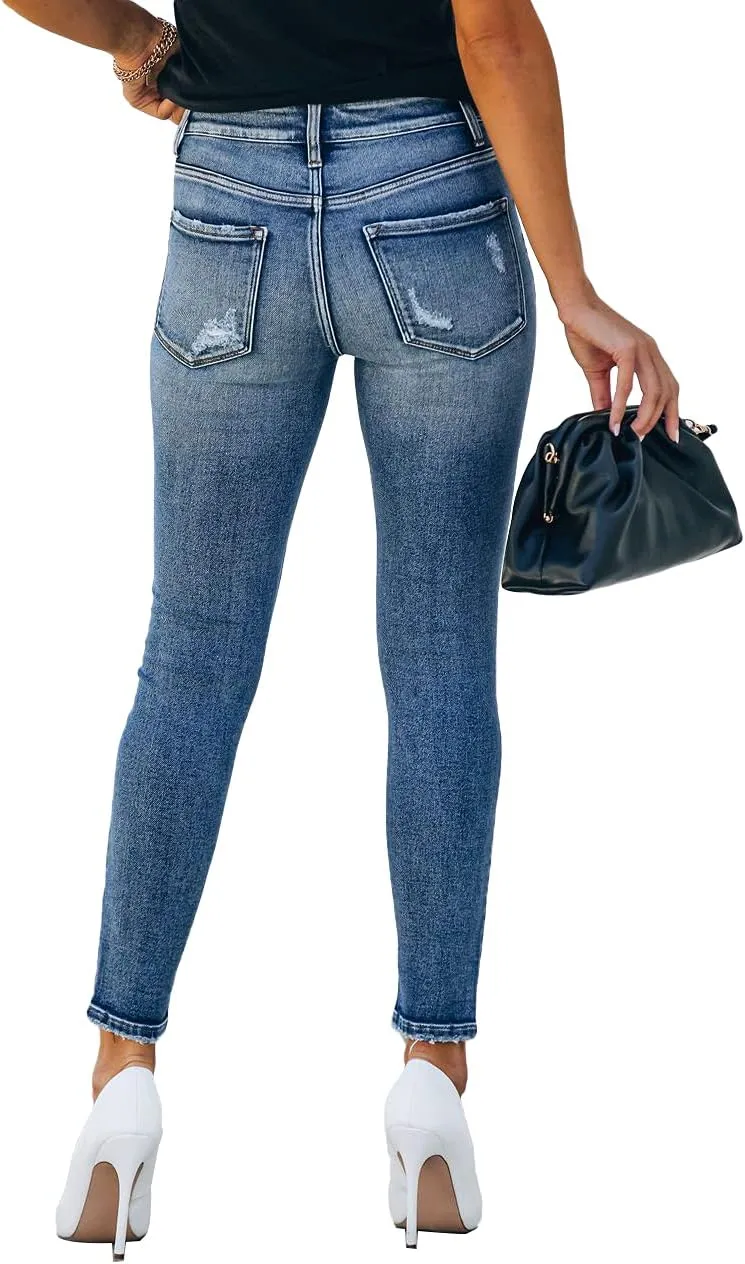 Allimy Women's High Rise Skinny Stretch Button Ripped Jeans High Waisted Destroyed Denim Pants