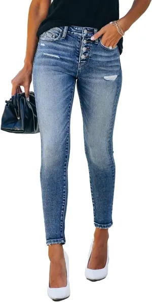 Allimy Women's High Rise Skinny Stretch Button Ripped Jeans High Waisted Destroyed Denim Pants