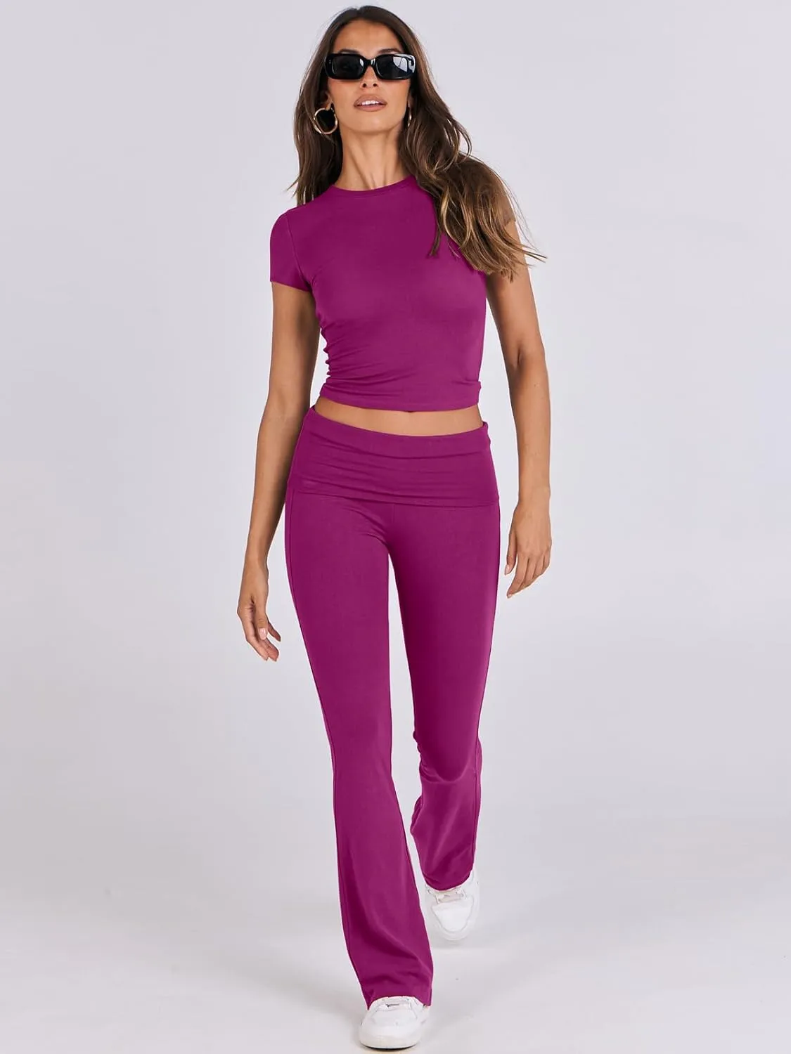 ANRABESS Lounge Sets for Women 2 Piece Foldover Yoga Flare Leggings Pants Crop Tops Casual Y2K Outfits Matching Tracksuit Set