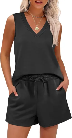 ANRABESS Two Piece Sets for Women 2025 Summer Outfits Short Matching Lounge Set Casual V Neck Beach Vacation Travel Clothes