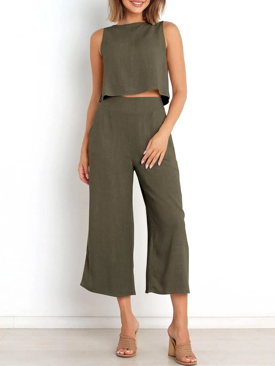 ANRABESS Women's Summer 2 Piece Outfits Sleeveless Crop Top Capri Wide Leg Pants Jumpsuit Linen Lounge Beach Travel Sets