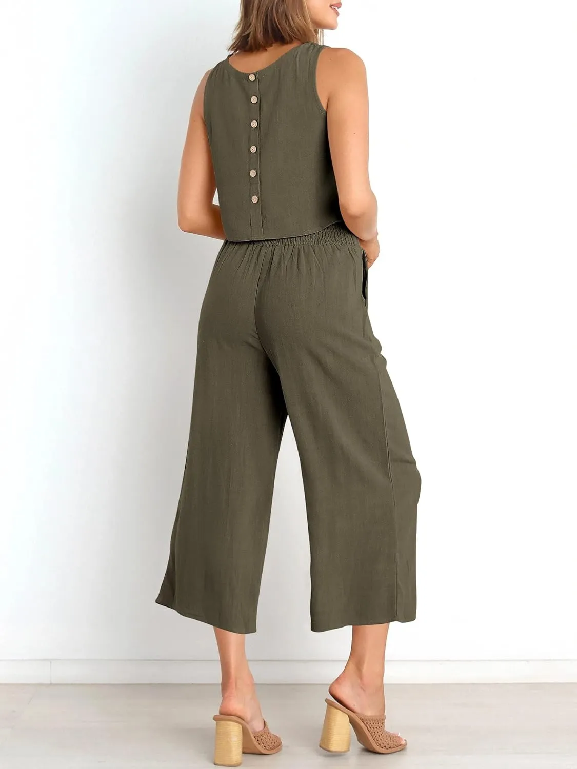 ANRABESS Women's Summer 2 Piece Outfits Sleeveless Crop Top Capri Wide Leg Pants Jumpsuit Linen Lounge Beach Travel Sets