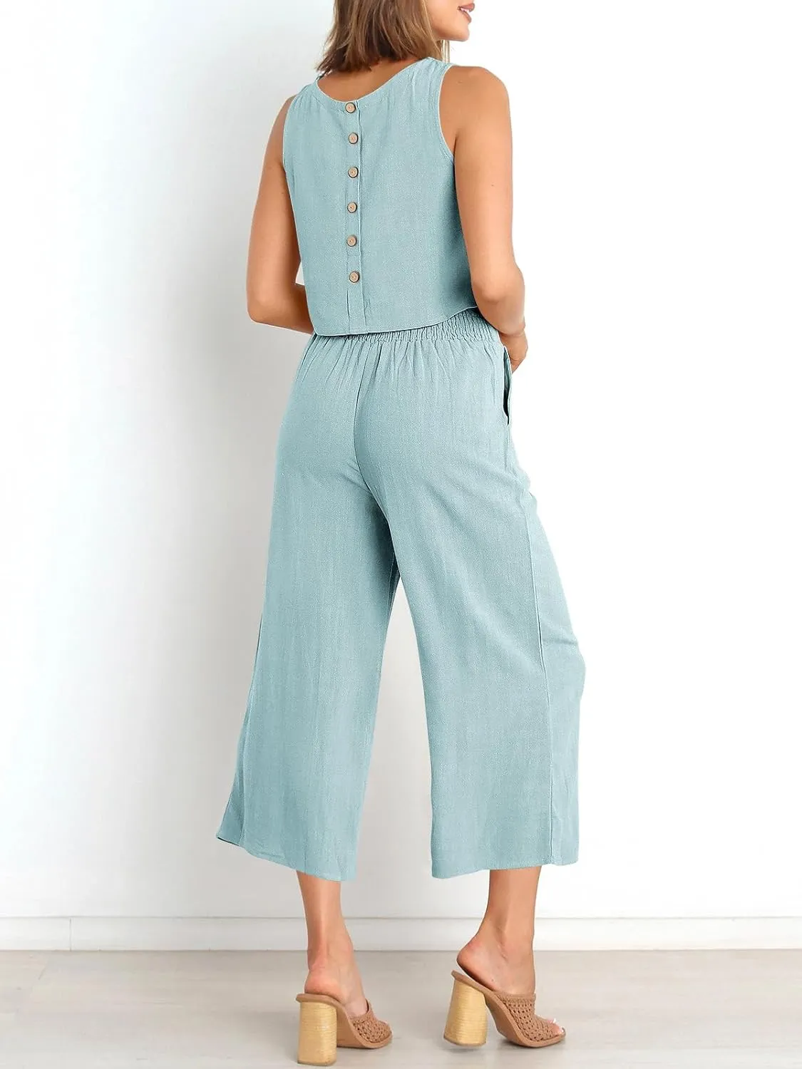 ANRABESS Women's Summer 2 Piece Outfits Sleeveless Crop Top Capri Wide Leg Pants Jumpsuit Linen Lounge Beach Travel Sets