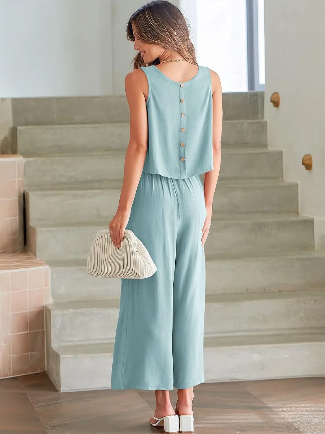 ANRABESS Women's Summer 2 Piece Outfits Sleeveless Crop Top Capri Wide Leg Pants Jumpsuit Linen Lounge Beach Travel Sets