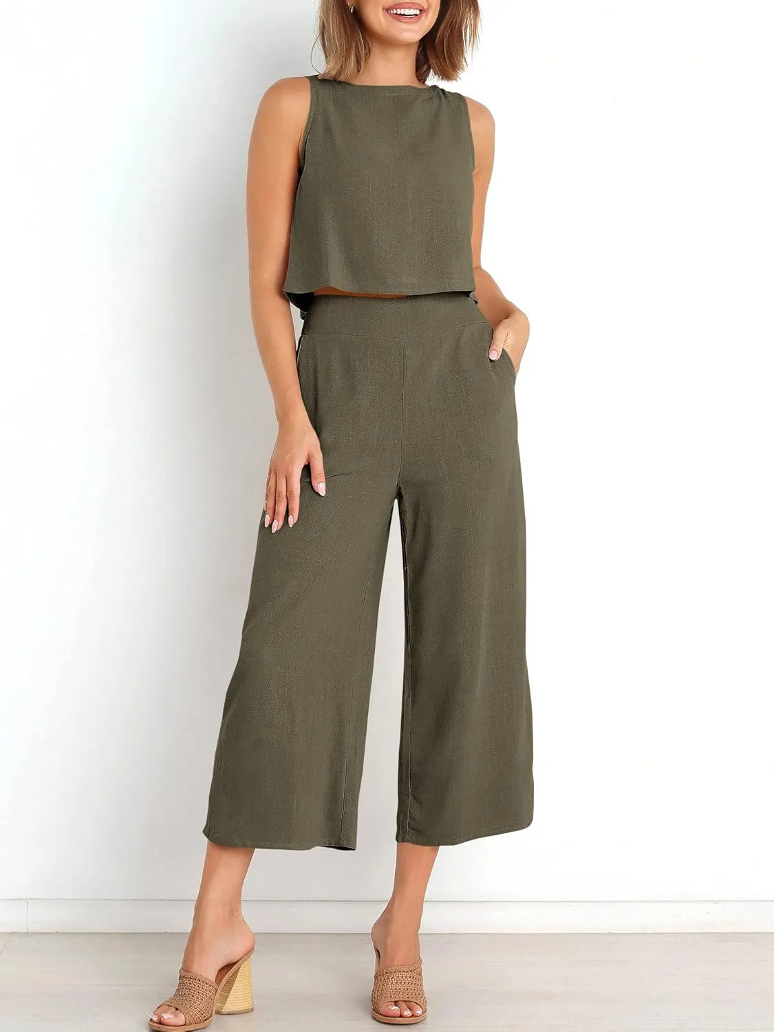 ANRABESS Women's Summer 2 Piece Outfits Sleeveless Crop Top Capri Wide Leg Pants Jumpsuit Linen Lounge Beach Travel Sets
