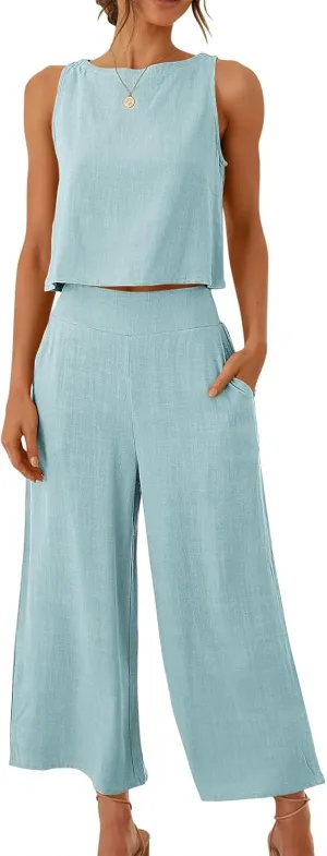 ANRABESS Women's Summer 2 Piece Outfits Sleeveless Crop Top Capri Wide Leg Pants Jumpsuit Linen Lounge Beach Travel Sets