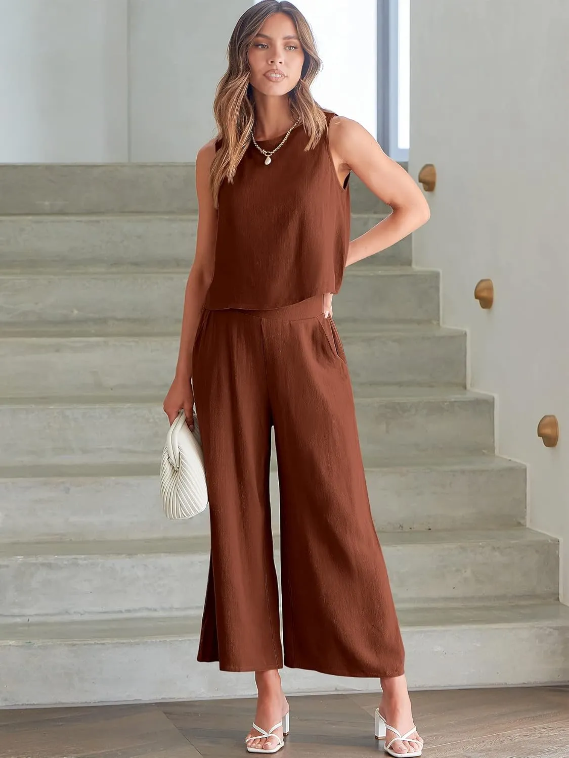 ANRABESS Women's Summer 2 Piece Outfits Sleeveless Crop Top Capri Wide Leg Pants Jumpsuit Linen Lounge Beach Travel Sets
