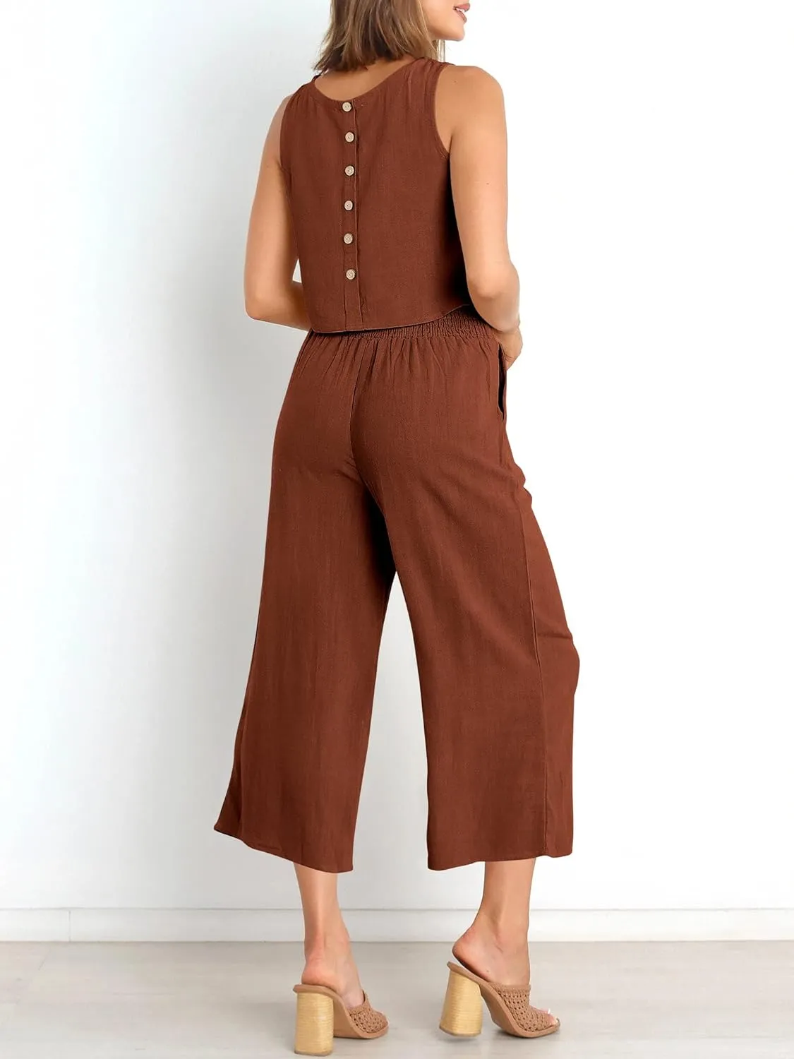 ANRABESS Women's Summer 2 Piece Outfits Sleeveless Crop Top Capri Wide Leg Pants Jumpsuit Linen Lounge Beach Travel Sets