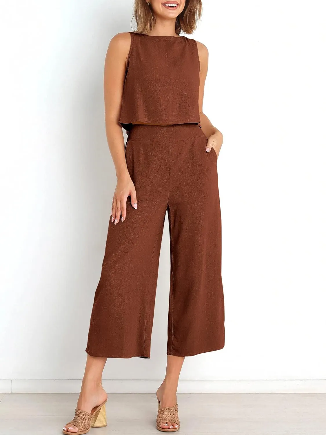 ANRABESS Women's Summer 2 Piece Outfits Sleeveless Crop Top Capri Wide Leg Pants Jumpsuit Linen Lounge Beach Travel Sets