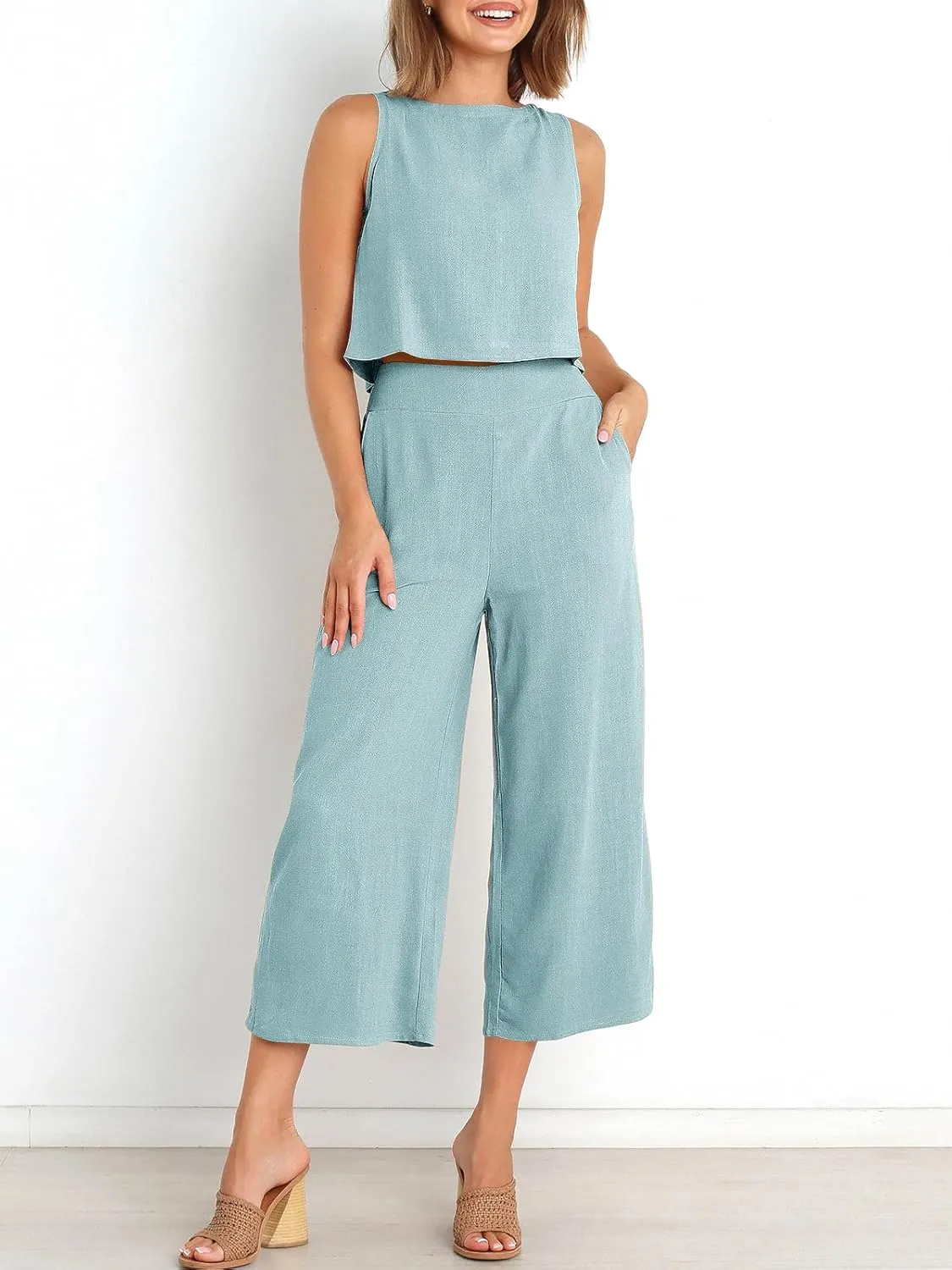 ANRABESS Women's Summer 2 Piece Outfits Sleeveless Crop Top Capri Wide Leg Pants Jumpsuit Linen Lounge Beach Travel Sets