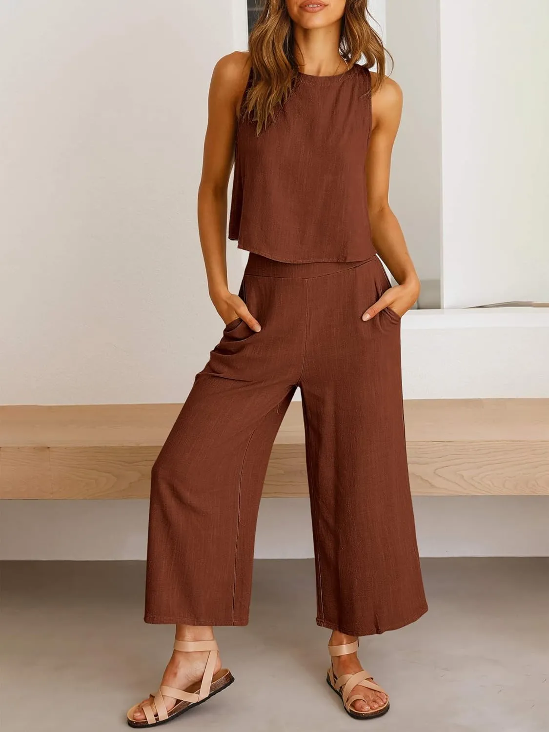 ANRABESS Women's Summer 2 Piece Outfits Sleeveless Crop Top Capri Wide Leg Pants Jumpsuit Linen Lounge Beach Travel Sets