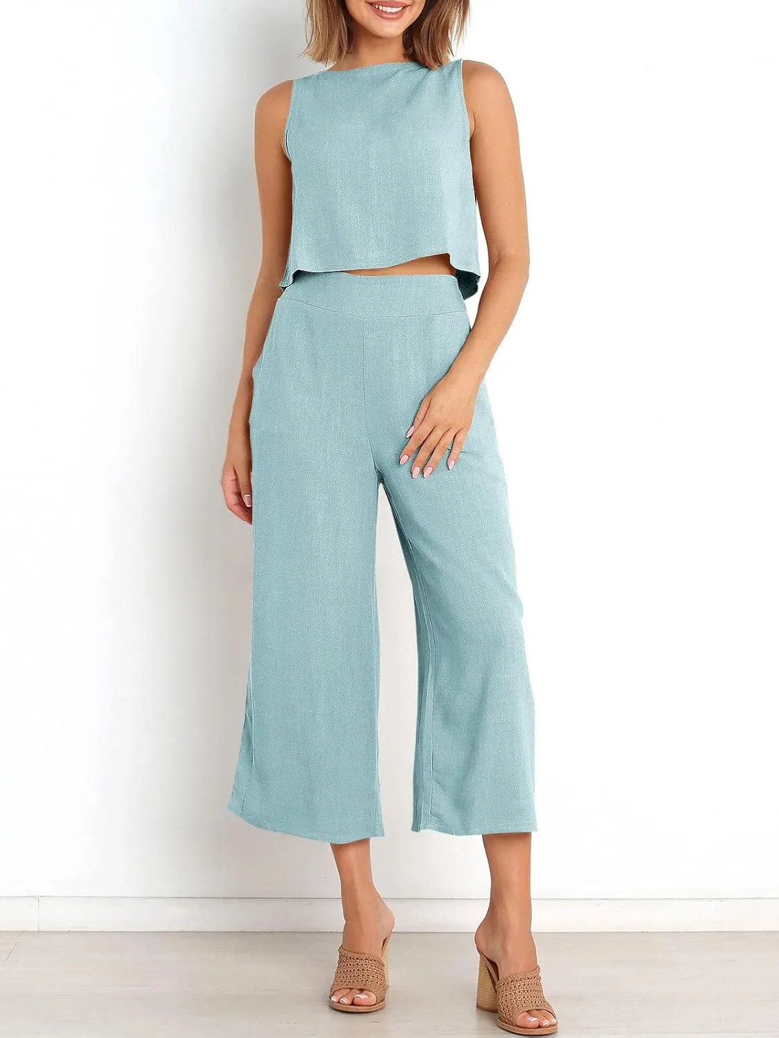 ANRABESS Women's Summer 2 Piece Outfits Sleeveless Crop Top Capri Wide Leg Pants Jumpsuit Linen Lounge Beach Travel Sets