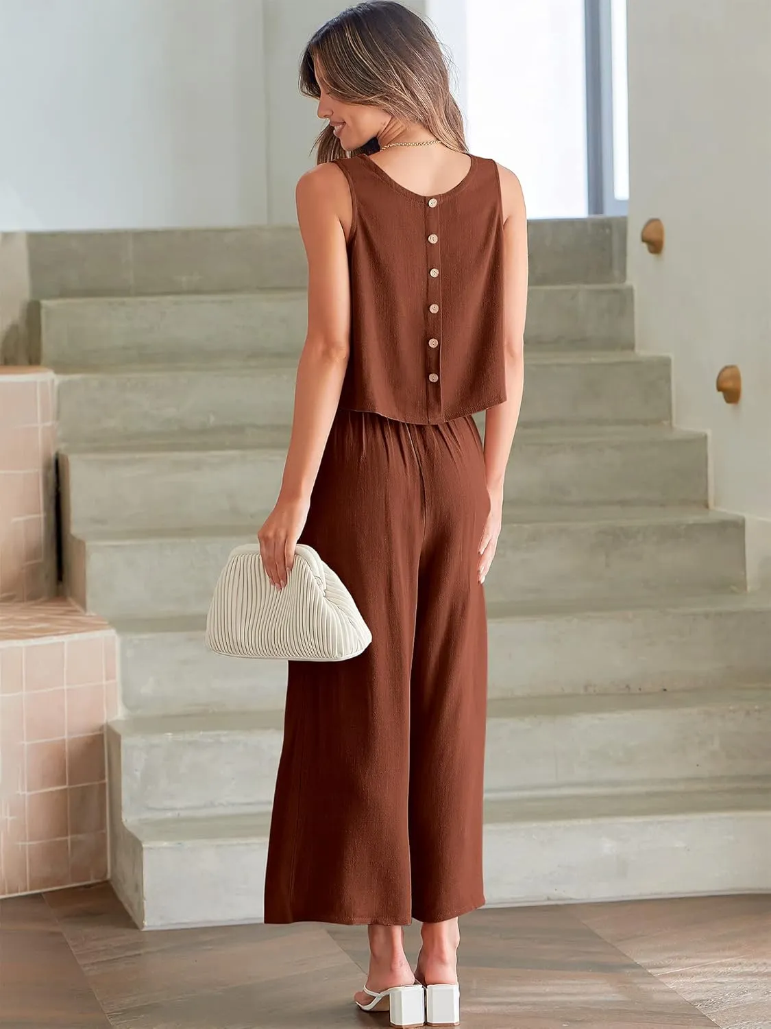 ANRABESS Women's Summer 2 Piece Outfits Sleeveless Crop Top Capri Wide Leg Pants Jumpsuit Linen Lounge Beach Travel Sets
