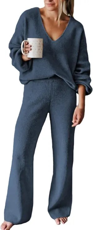 AOHITE Womens Knit Sweater Pajamas Set V-neck Pullover Tops Wide Leg Pants Sleepwear Loungewear Outfits Light Blue X-Large