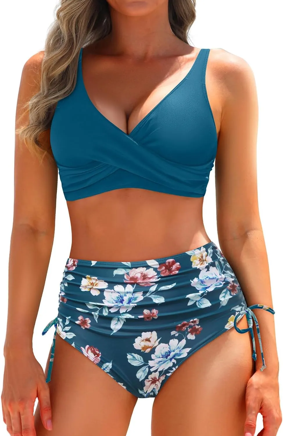 Aqua Eve Women High Waisted Bikini Twist Front Swimsuits Lace up Bikini Tops Ruched Push up 2 Piece Bathing Suits