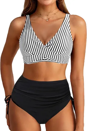 Aqua Eve Women High Waisted Bikini Twist Front Swimsuits Lace up Bikini Tops Ruched Push up 2 Piece Bathing Suits