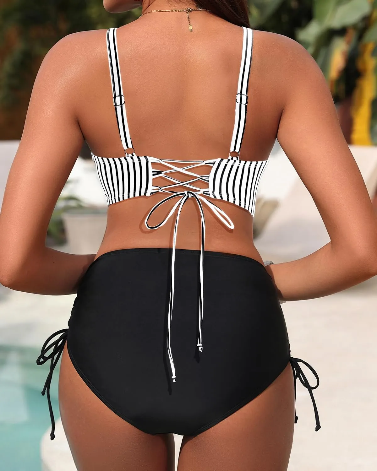 Aqua Eve Women High Waisted Bikini Twist Front Swimsuits Lace up Bikini Tops Ruched Push up 2 Piece Bathing Suits