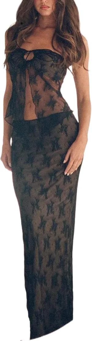 Argeousgor 2 Piece Maxi Skirt Set for Women Lace Up Back Tank Tops Tie Up High Waist Long Skirt Set