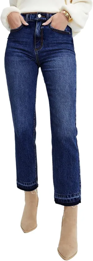 Astylish Womens High Waisted Straight Leg Ankle Jeans Casual Stretch Denim Pants
