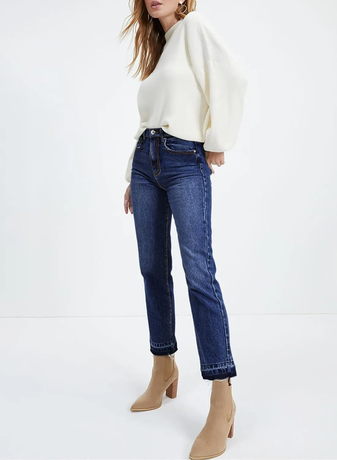 Astylish Womens High Waisted Straight Leg Ankle Jeans Casual Stretch Denim Pants