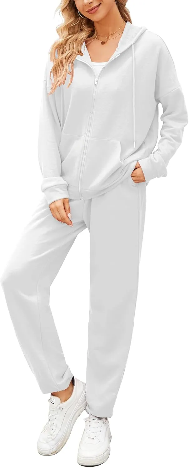AUXDIO Women 2 Piece Outfits Tracksuit Casual Zip Up Hoodie Sweatsuits Jogging Long Pant Set