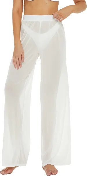 Awoscut Women See Through Sheer Mesh Pants Beach Swimsuit Bikini Bottom Cover up Party Club Elastic High Waist Wide Leg Pants