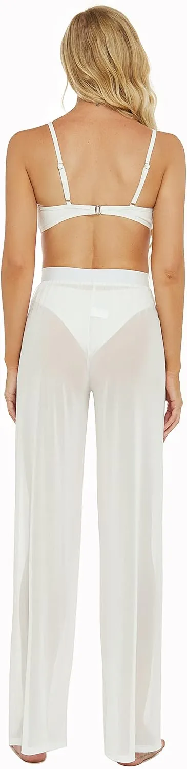 Awoscut Women See Through Sheer Mesh Pants Beach Swimsuit Bikini Bottom Cover up Party Club Elastic High Waist Wide Leg Pants