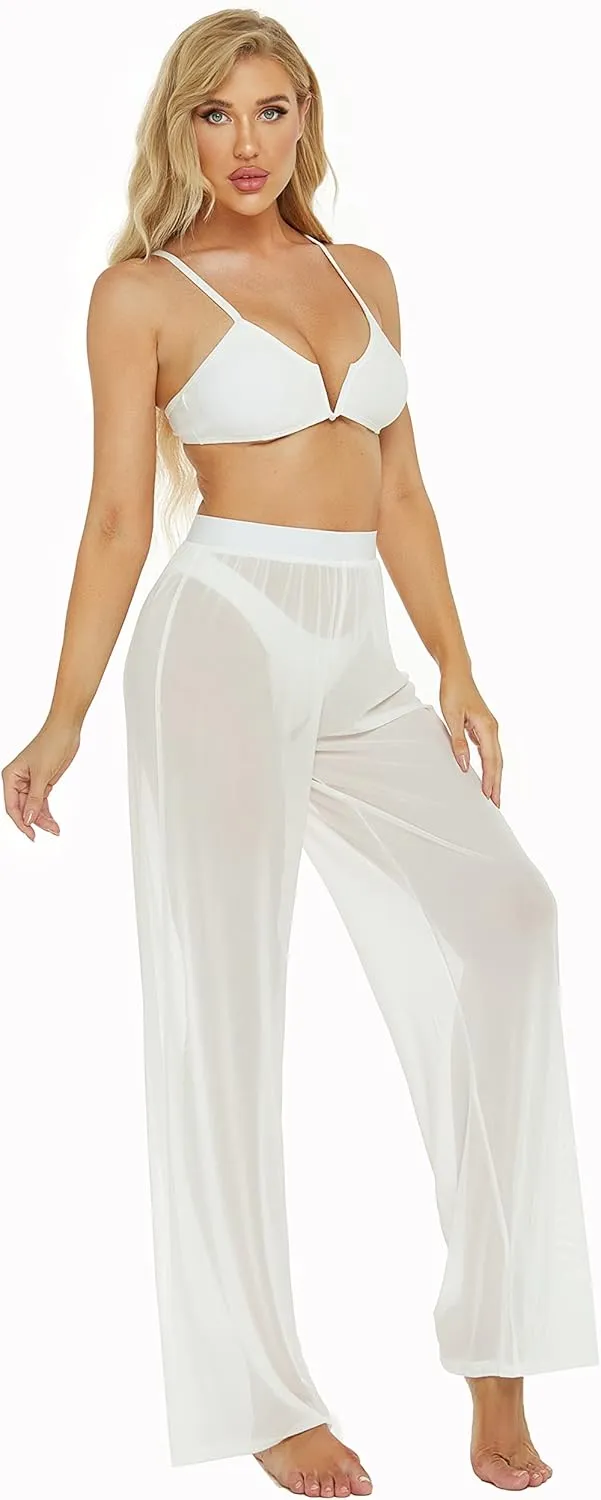 Awoscut Women See Through Sheer Mesh Pants Beach Swimsuit Bikini Bottom Cover up Party Club Elastic High Waist Wide Leg Pants