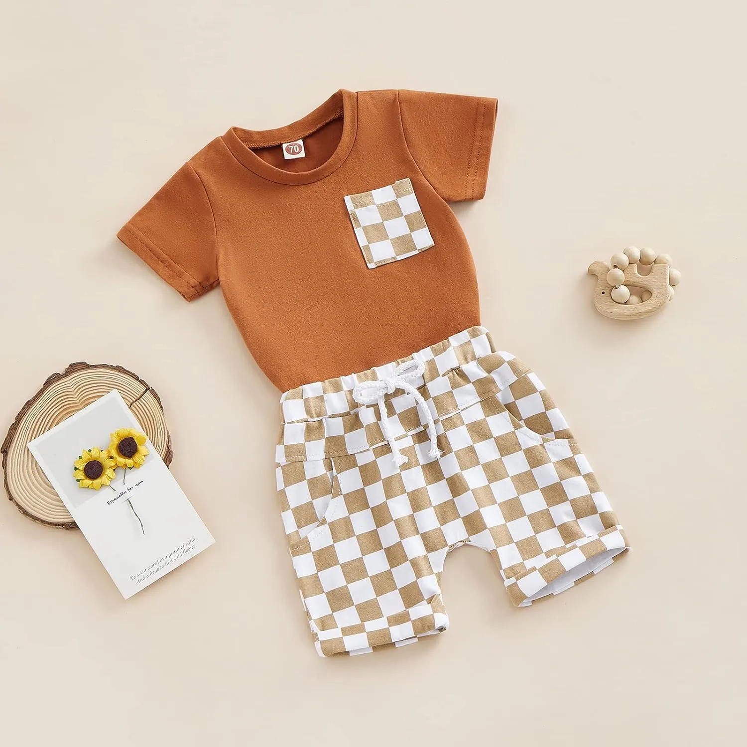Baby Boy Girl Summer Outfits Checkerboard Short Sleeve T-Shirt Elastic Waist Shorts Set Toddler Checkered Outfit