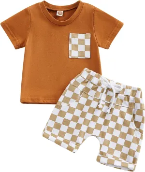 Baby Boy Girl Summer Outfits Checkerboard Short Sleeve T-Shirt Elastic Waist Shorts Set Toddler Checkered Outfit
