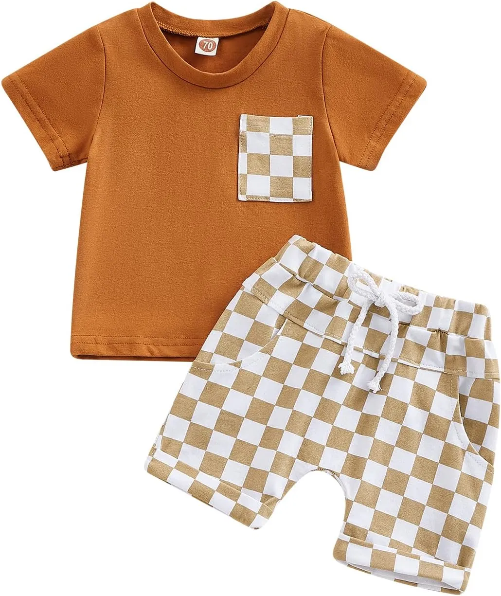 Baby Boy Girl Summer Outfits Checkerboard Short Sleeve T-Shirt Elastic Waist Shorts Set Toddler Checkered Outfit