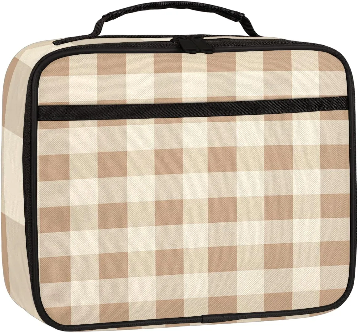 Beige Checkered Square Lunch Bag Buffalo Checkerboard Square Tote Lunch Bag Reusable Lunch Box Leakproof Cooler Bag
