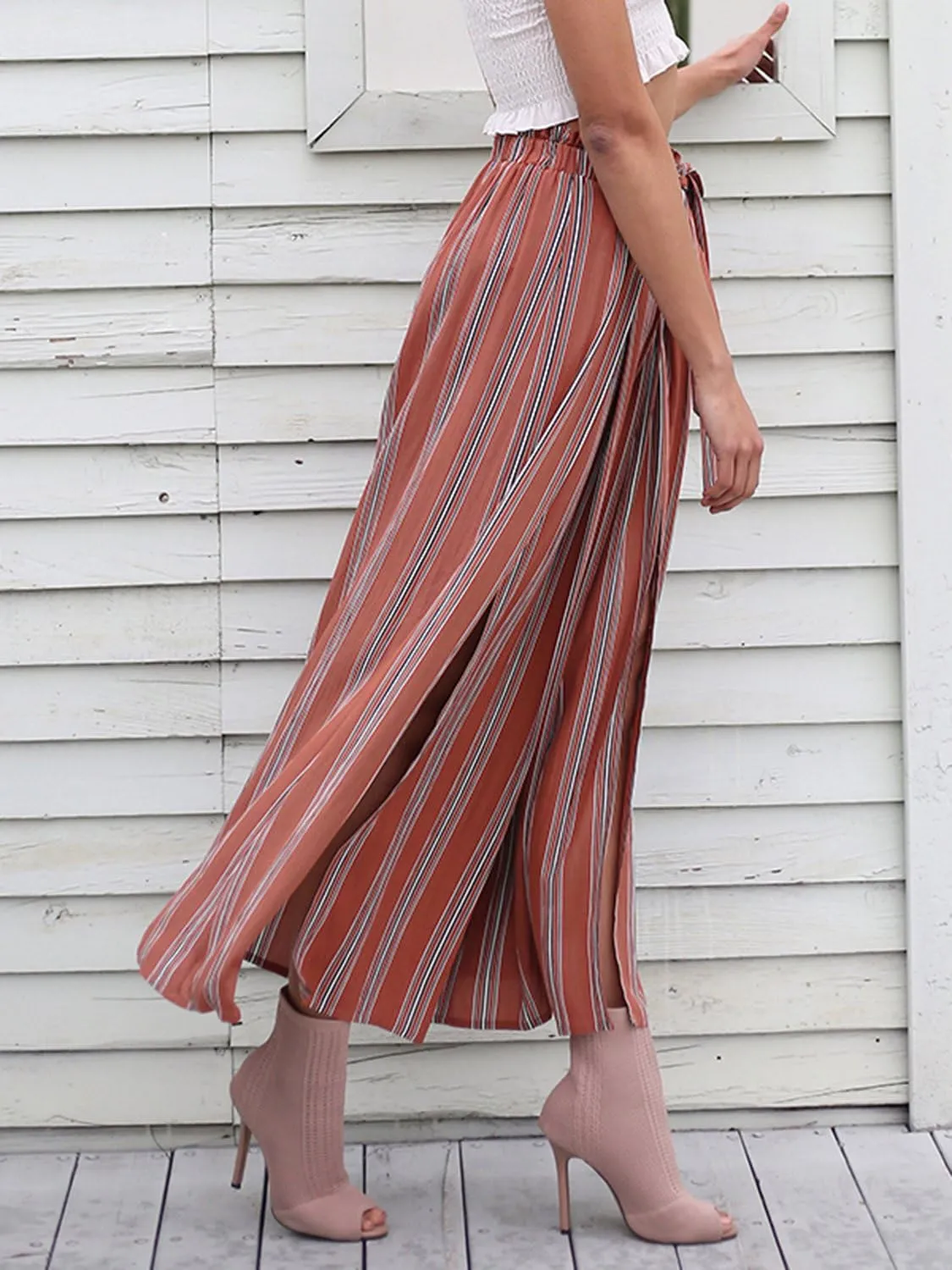 BerryGo Women's Boho Linen Flowy High Waisted Pants Elegant Split Stripe Wide Leg Pants
