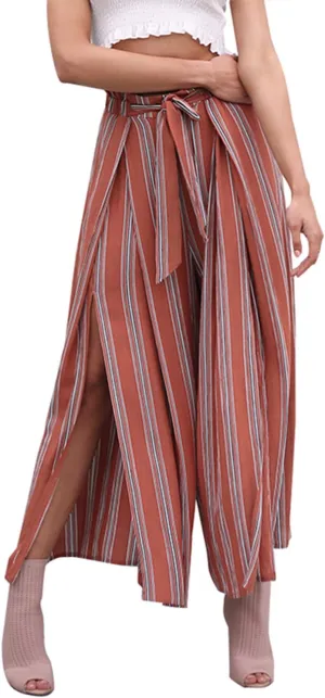 BerryGo Women's Boho Linen Flowy High Waisted Pants Elegant Split Stripe Wide Leg Pants