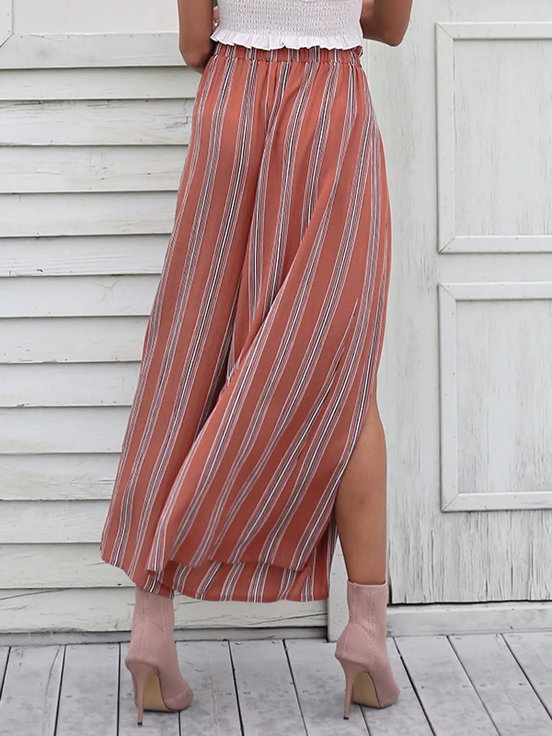 BerryGo Women's Boho Linen Flowy High Waisted Pants Elegant Split Stripe Wide Leg Pants