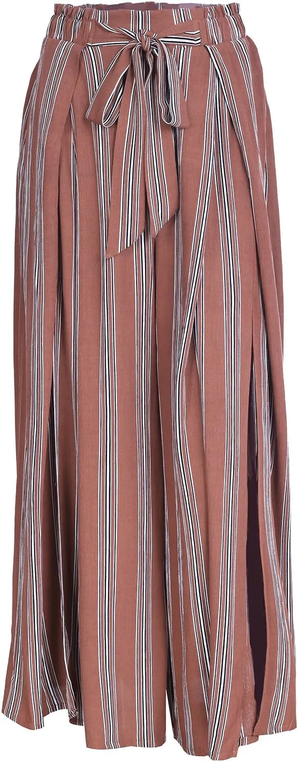 BerryGo Women's Boho Linen Flowy High Waisted Pants Elegant Split Stripe Wide Leg Pants