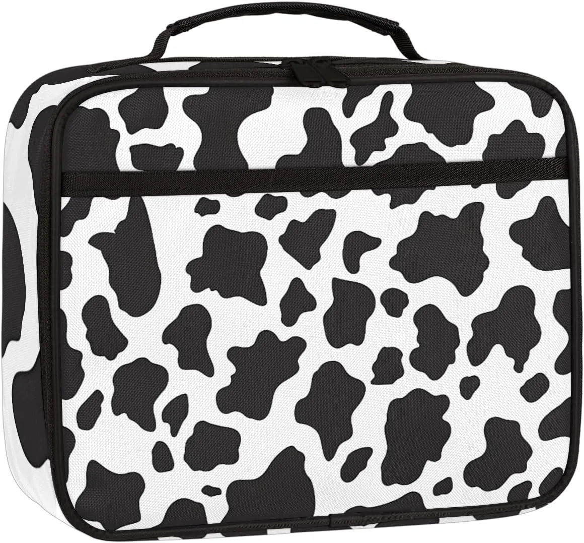 Black and White Cow Square Lunch Bag Milk Cow Print Square Tote Lunch Bag Reusable Lunch Box Leakproof Cooler Bag