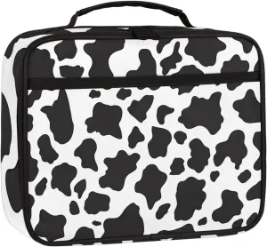 Black and White Cow Square Lunch Bag Milk Cow Print Square Tote Lunch Bag Reusable Lunch Box Leakproof Cooler Bag