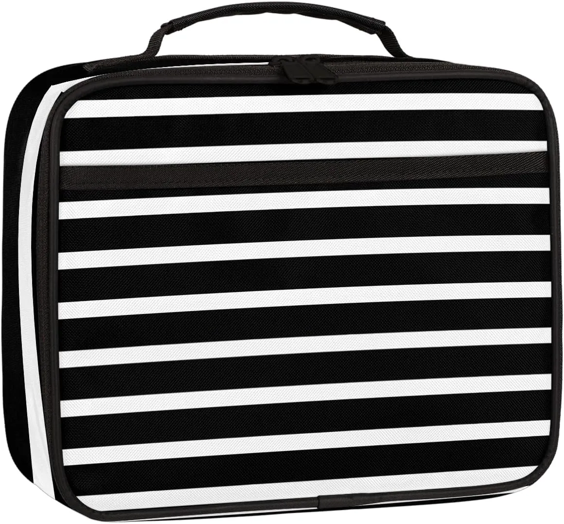 Black and White Horizontal Stripe Square Lunch Bag Abstract Stripes Square Tote Lunch Bag Reusable Lunch Box Leakproof Cooler Bag